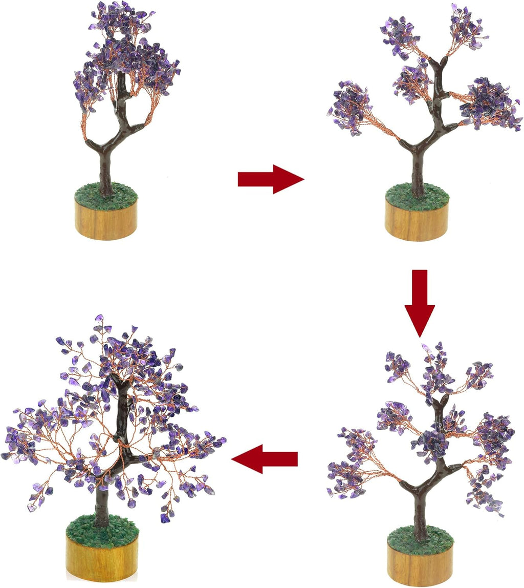 Amethyst Chakra Gemstone Money Tree of Life with Necklace - Spiritual Decor, Feng Shui Healing Crystal, Handmade Tree Figurine Gift for Good Luck, Fortune, Wealth, Home Office Desk Decor