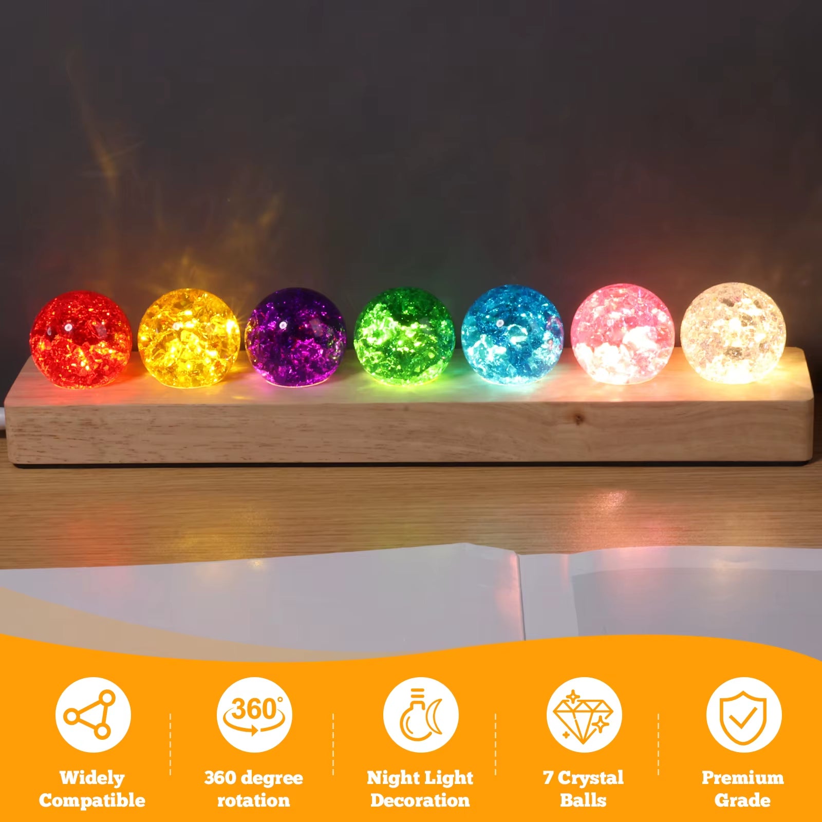 Colorful Crystal Ball Ornament Small Night Light 7 Crystal Balls with Wooden LED Lamp Holders Home Decoration Night Light Gift
