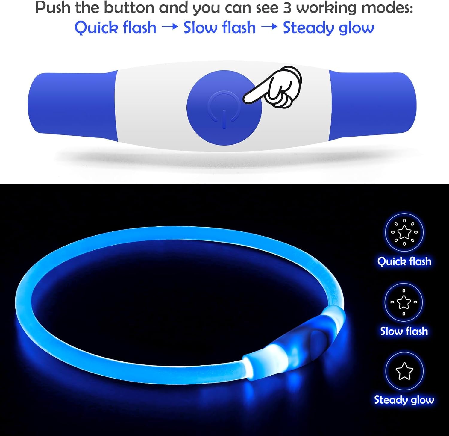 Light up Dog Collar,  USB Rechargeable Flash Dog Necklace Light, Pet Safety Collar Makes Your Beloved Dogs Be Seen at Night for Small Medium Large Dogs(Blue)