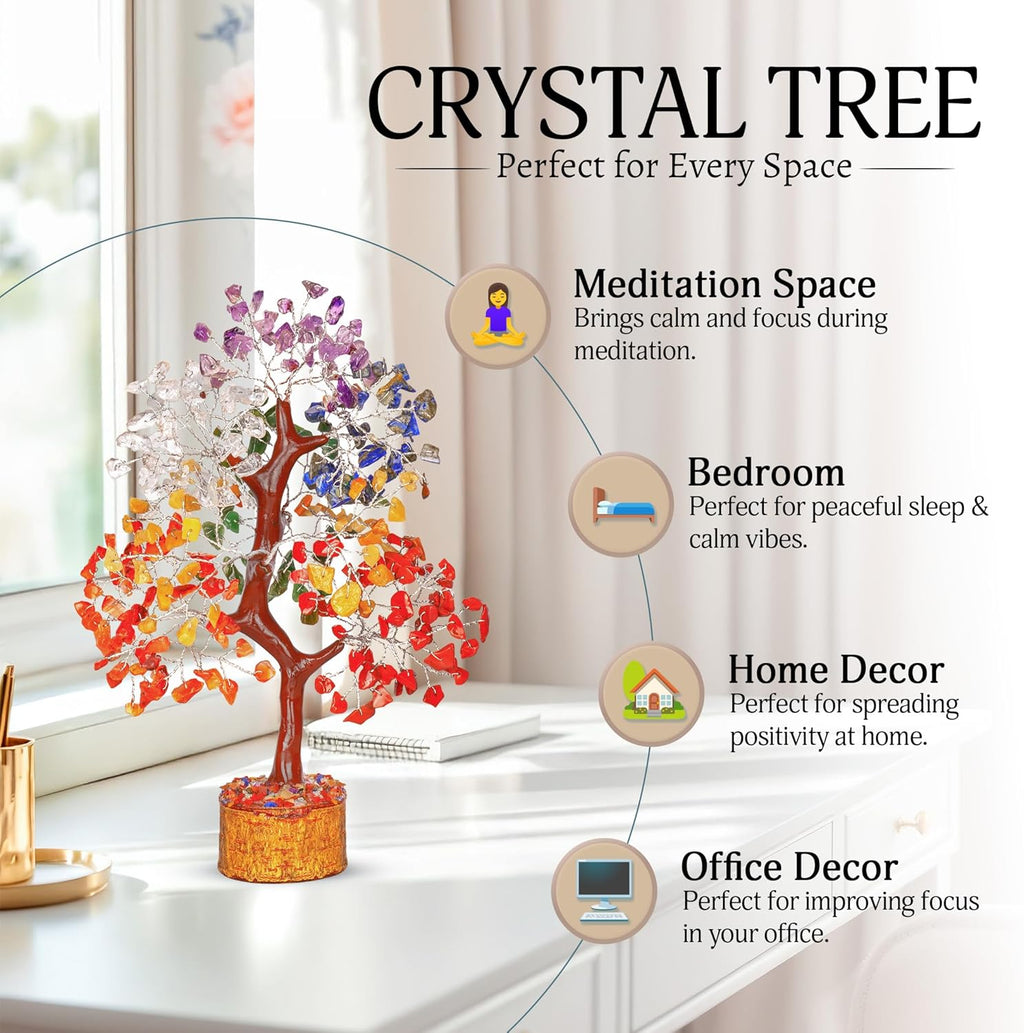 Crystal Chakra Tree for Reiki Healing - Premium Meditation Decor - Seven Chakra Tree Wrapped on Silver Wires - Feng Shui Bonsai Money Tree of Life Decor Home Office Crystal Gifts