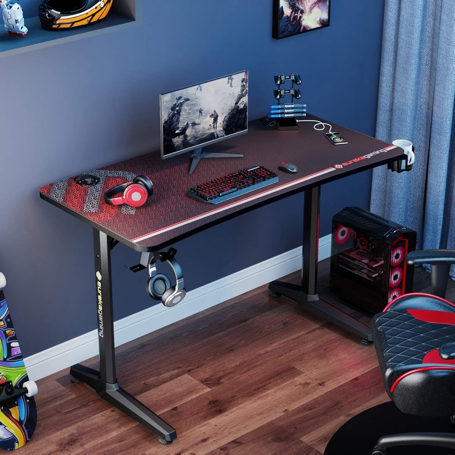 47 Inch Gaming Desk with Full Mouse Pad, Computer Gaming Desk with Cup Holder, Headphone Hook and Handle Rack with USB Charging Ports for Gamer, Black