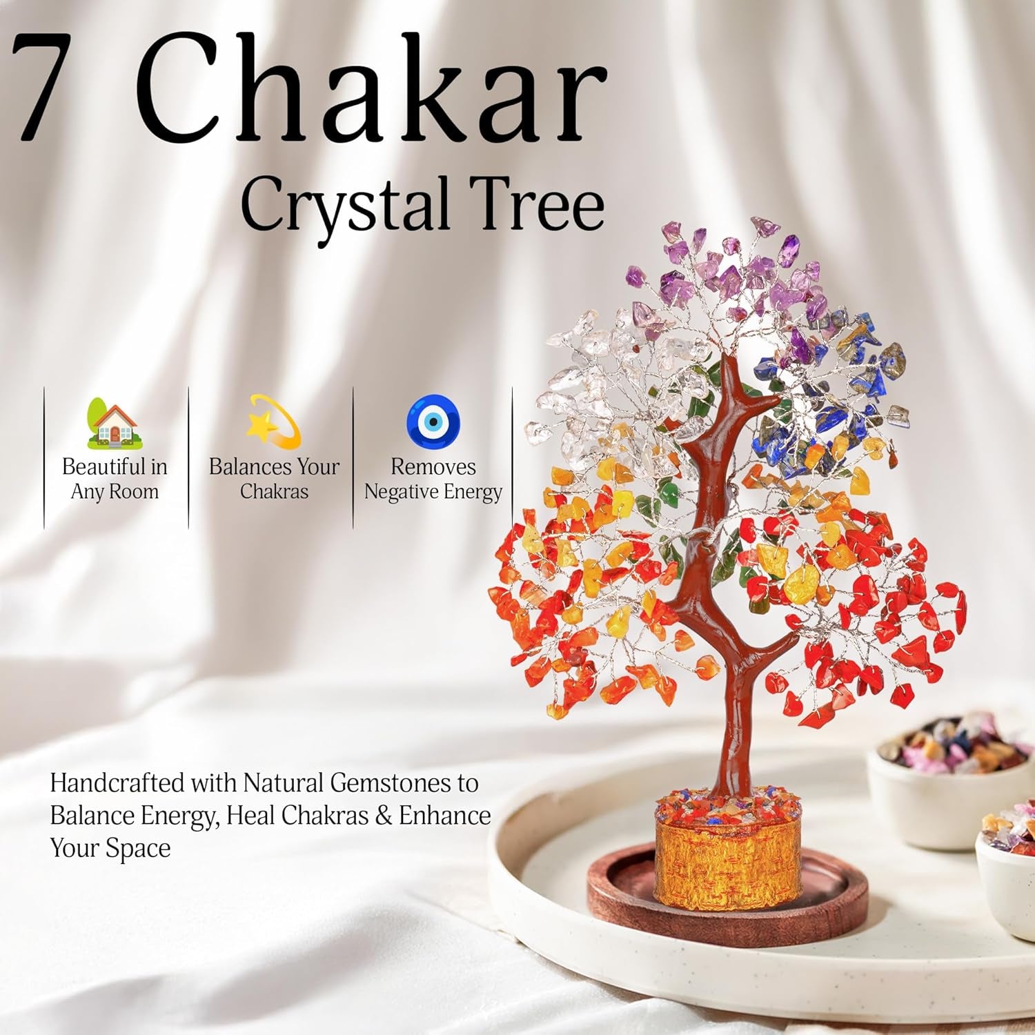 Crystal Chakra Tree for Reiki Healing - Premium Meditation Decor - Seven Chakra Tree Wrapped on Silver Wires - Feng Shui Bonsai Money Tree of Life Decor Home Office Crystal Gifts