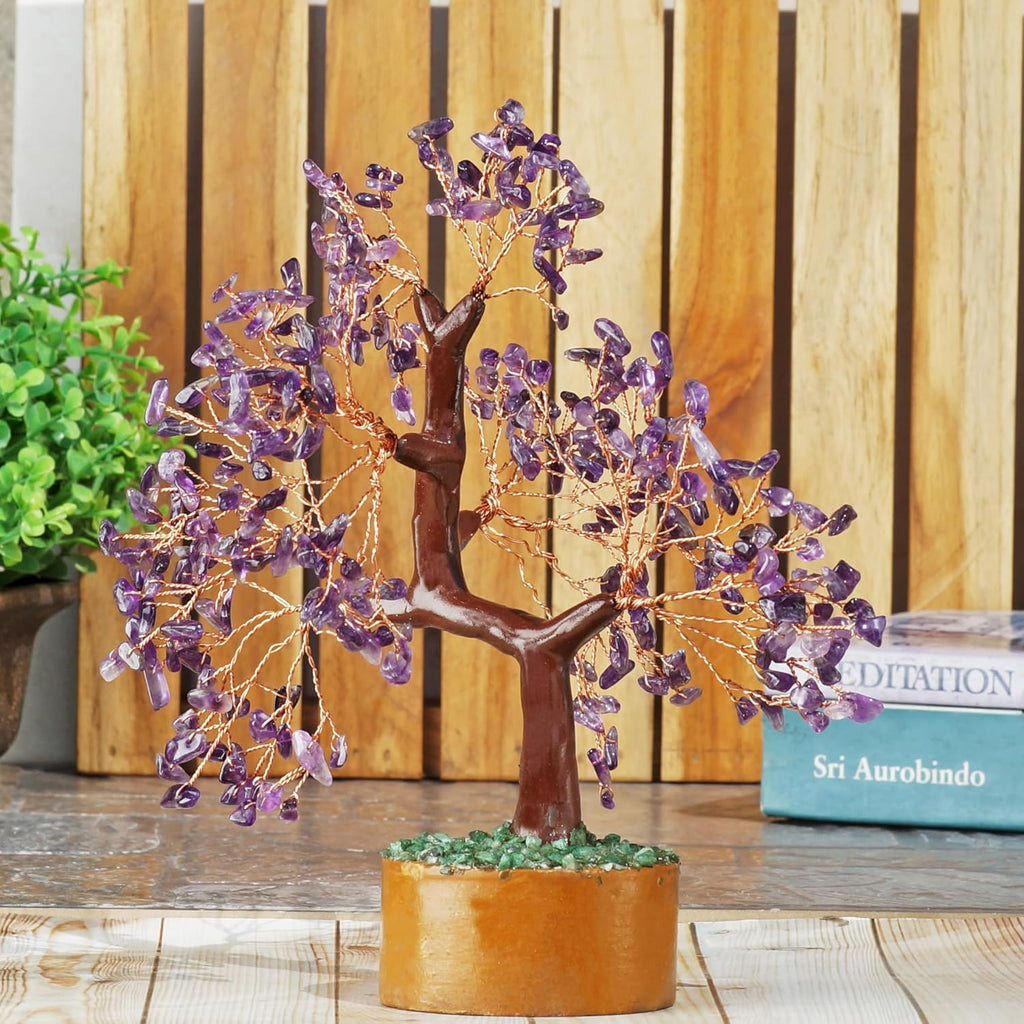 Amethyst Chakra Gemstone Money Tree of Life with Necklace - Spiritual Decor, Feng Shui Healing Crystal, Handmade Tree Figurine Gift for Good Luck, Fortune, Wealth, Home Office Desk Decor