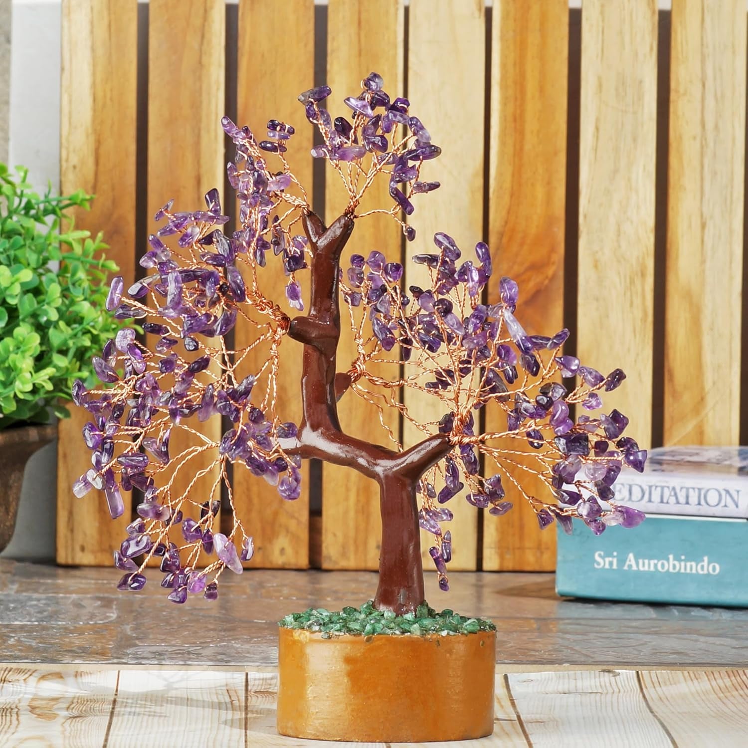 Amethyst Chakra Gemstone Money Tree of Life with Necklace - Spiritual Decor, Feng Shui Healing Crystal, Handmade Tree Figurine Gift for Good Luck, Fortune, Wealth, Home Office Desk Decor