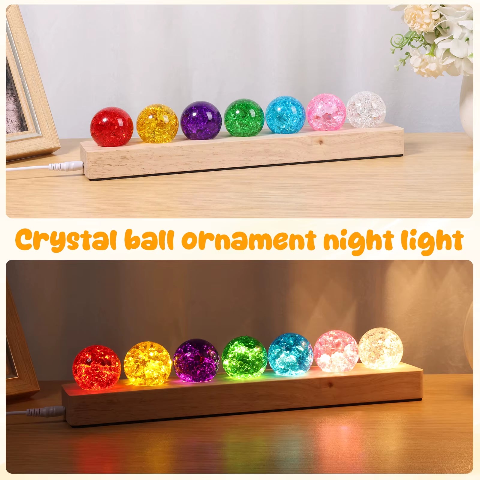 Colorful Crystal Ball Ornament Small Night Light 7 Crystal Balls with Wooden LED Lamp Holders Home Decoration Night Light Gift