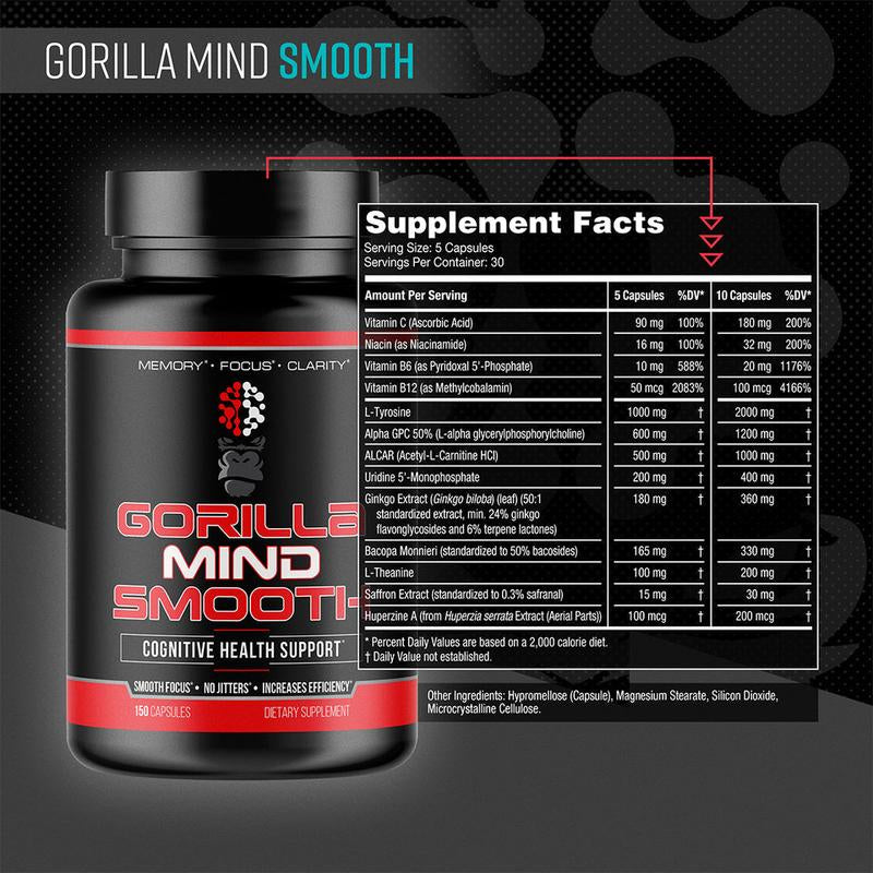 Gorilla Mind Smooth - Stim Free Nootropic Formula (30 Servings)