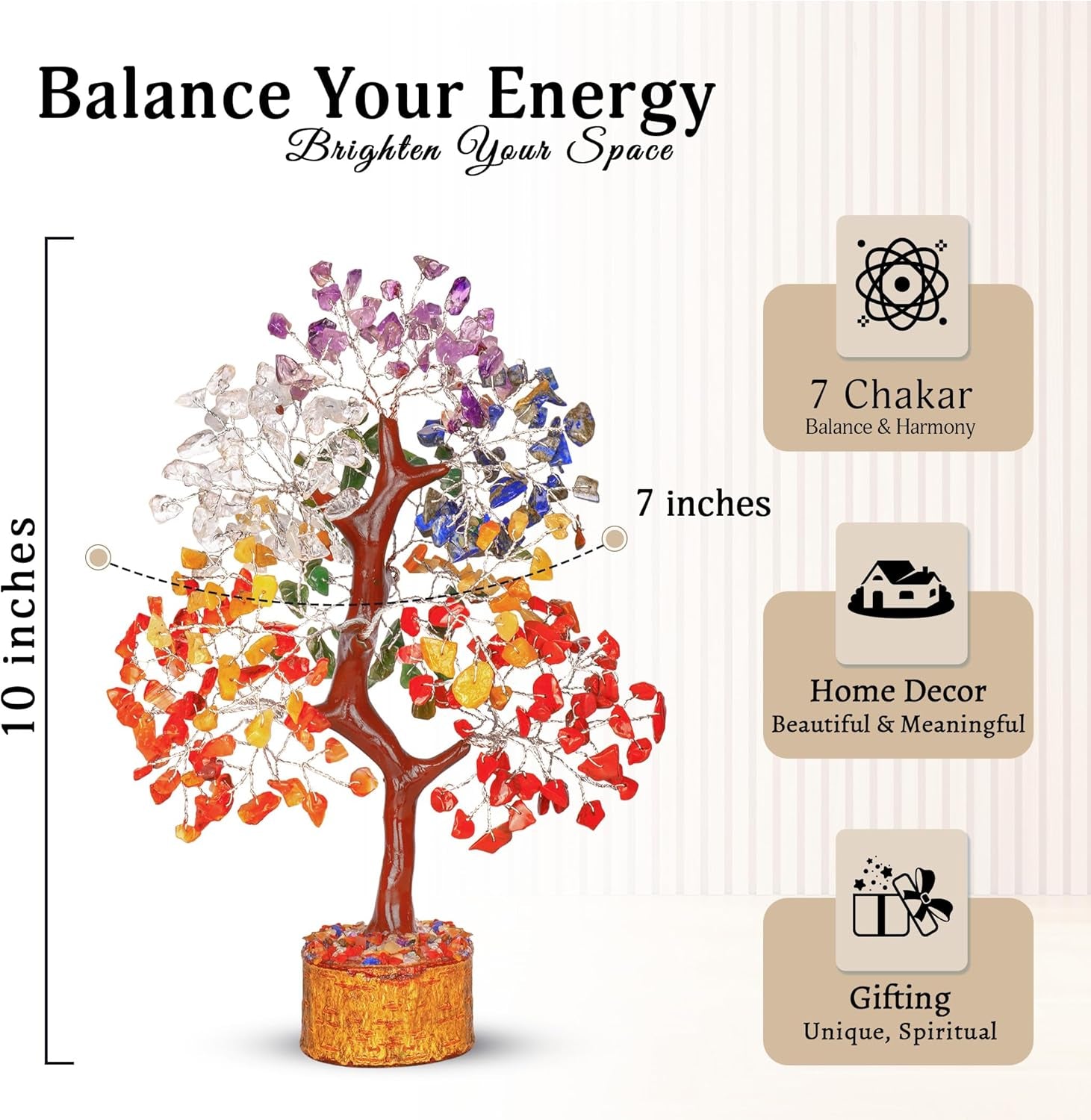 Crystal Chakra Tree for Reiki Healing - Premium Meditation Decor - Seven Chakra Tree Wrapped on Silver Wires - Feng Shui Bonsai Money Tree of Life Decor Home Office Crystal Gifts