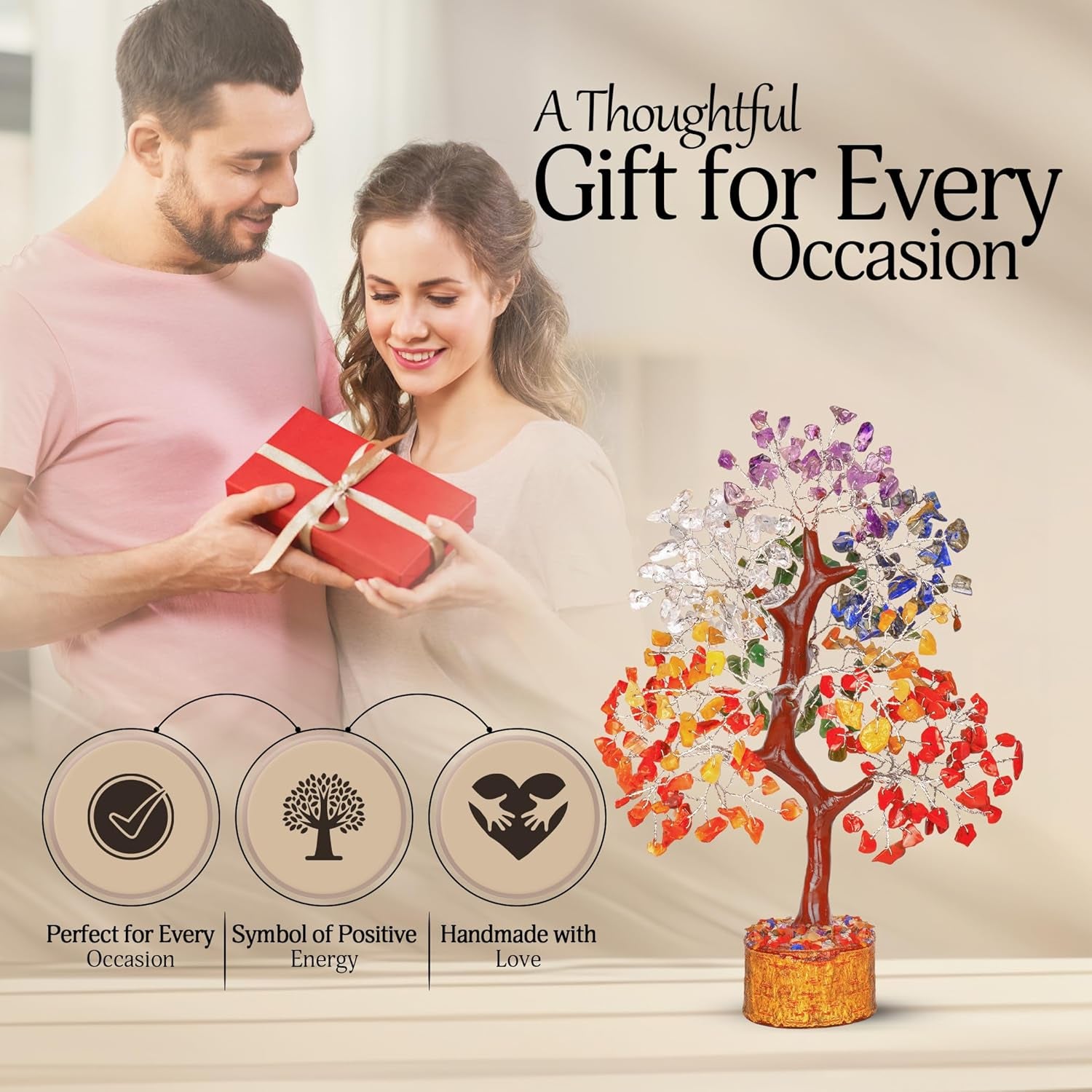 Crystal Chakra Tree for Reiki Healing - Premium Meditation Decor - Seven Chakra Tree Wrapped on Silver Wires - Feng Shui Bonsai Money Tree of Life Decor Home Office Crystal Gifts