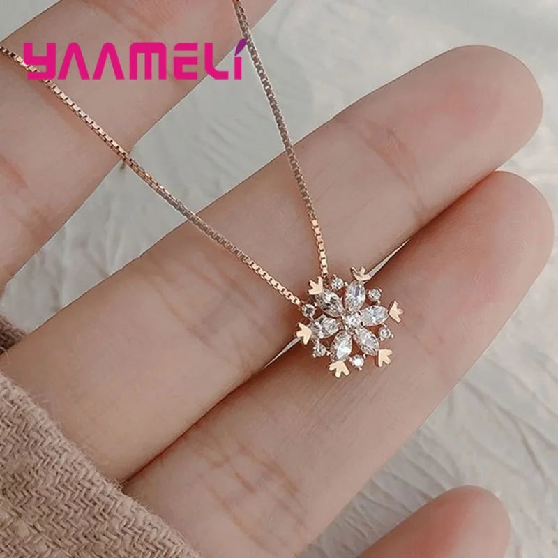 Fine 925 Sterling Silver Pendant Necklaces Shining Snowflake Crystal Zircon Necklace for Women Girls Wedding Party Jewelry Gift